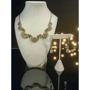 Marchesa Crystal Pearl Necklace Earrings Set Gold Tone Glamour Statement Jewelry
